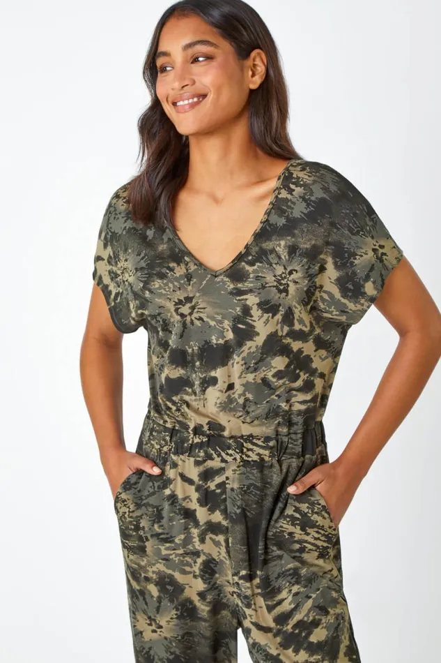 Women Khaki Tie Dye Pocket Stretch Jumpsuit Roman Dresses