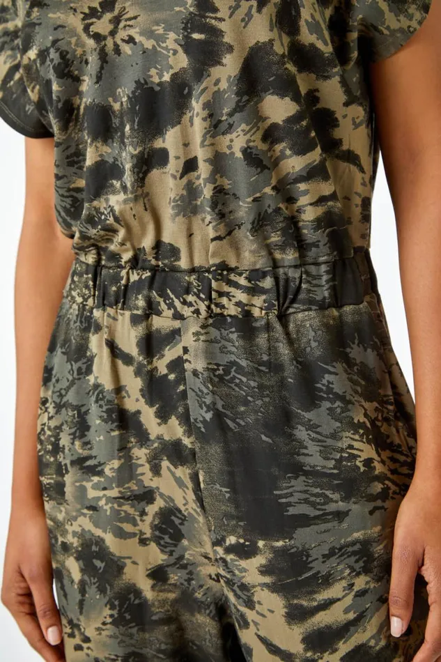 Women Khaki Tie Dye Pocket Stretch Jumpsuit Roman Dresses