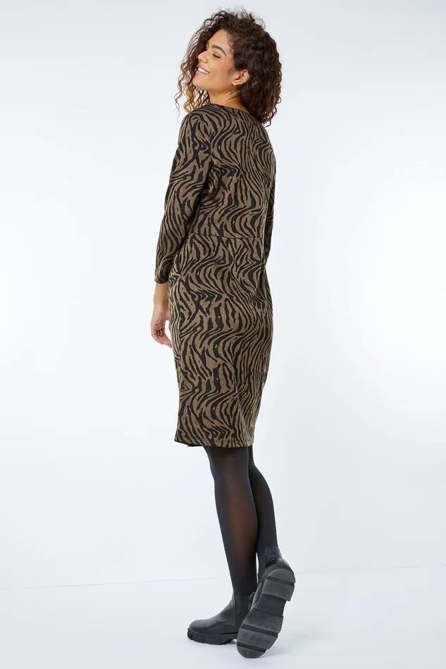 Women Khaki Tiger Print Pocket Shift Dress Roman Dresses