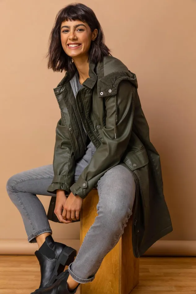 Women Khaki Waxed Longline Hooded Coat Roman Coats
