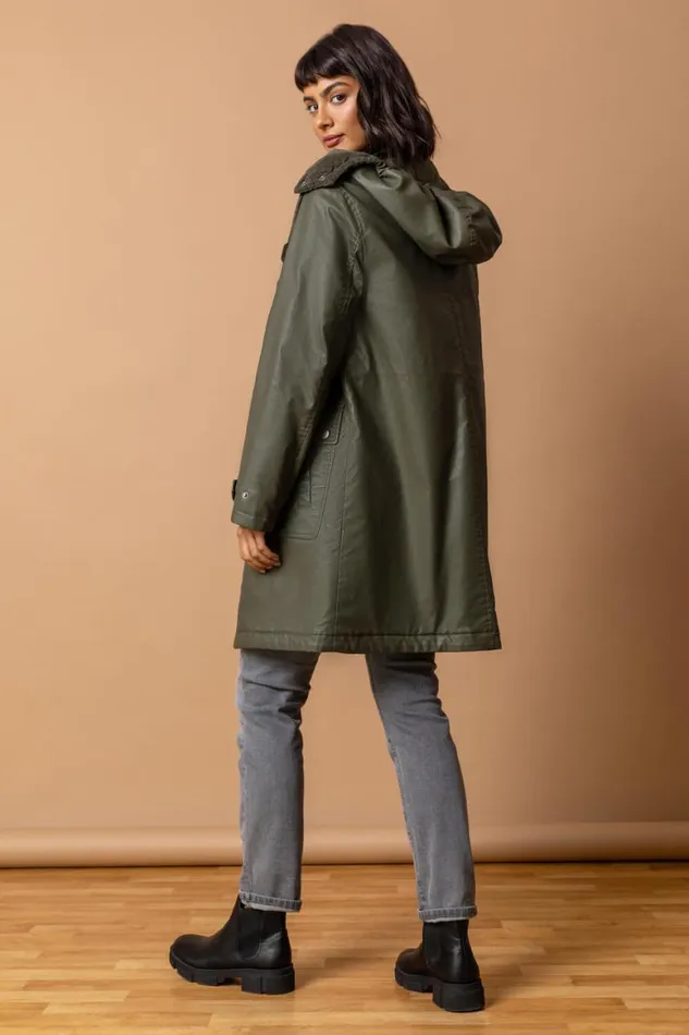 Women Khaki Waxed Longline Hooded Coat Roman Coats