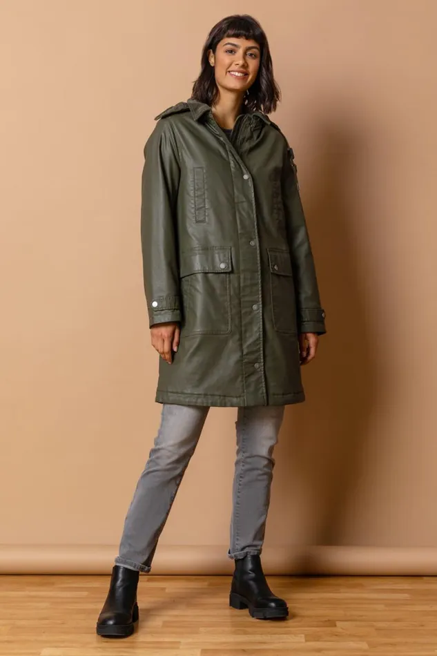Women Khaki Waxed Longline Hooded Coat Roman Coats