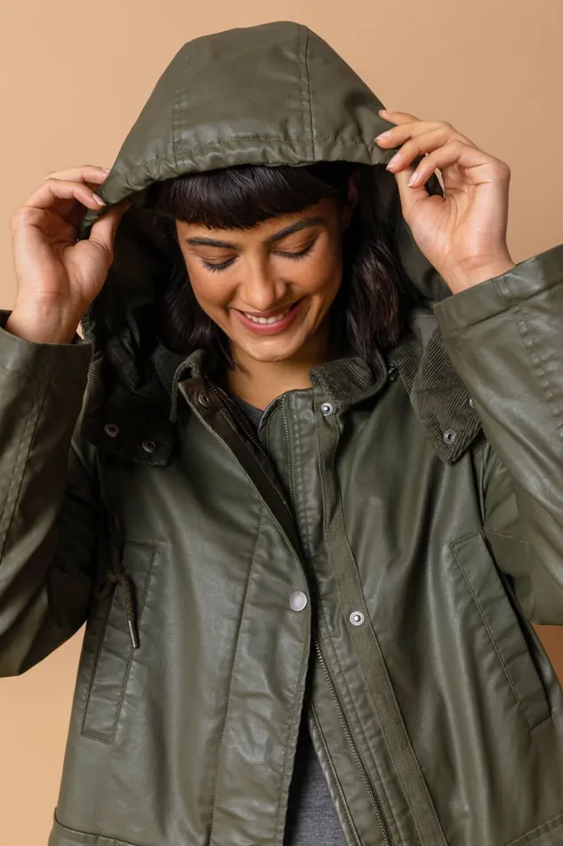 Women Khaki Waxed Longline Hooded Coat Roman Coats