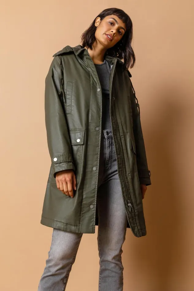 Women Khaki Waxed Longline Hooded Coat Roman Coats