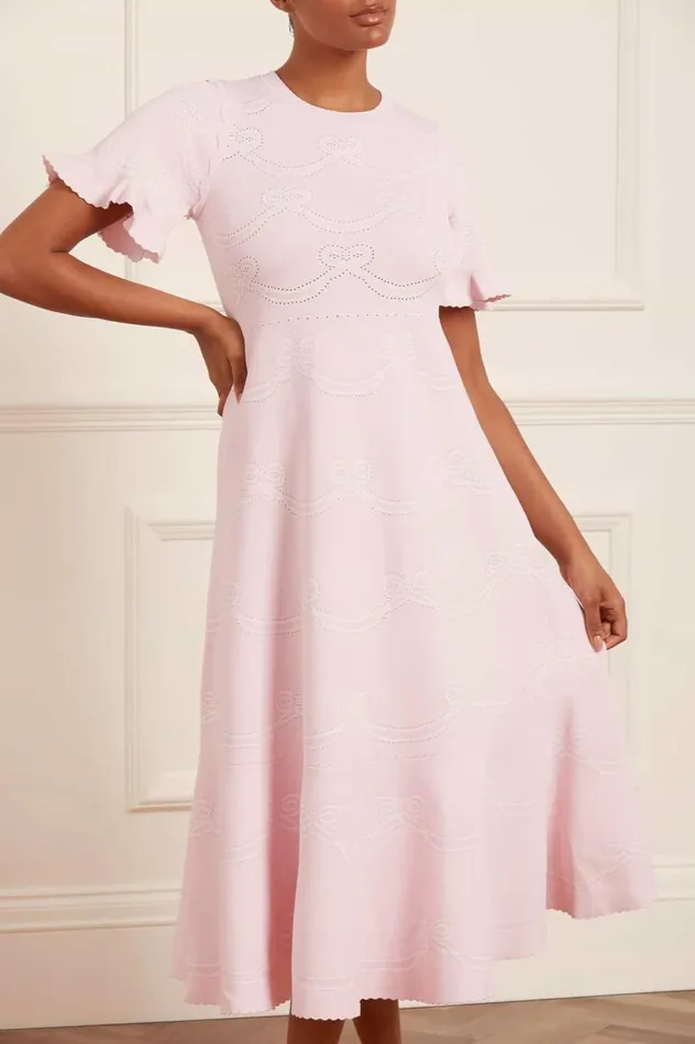 Women Knitwear Needle and Thread Ribbon Bow Knit Ankle Gown Pink