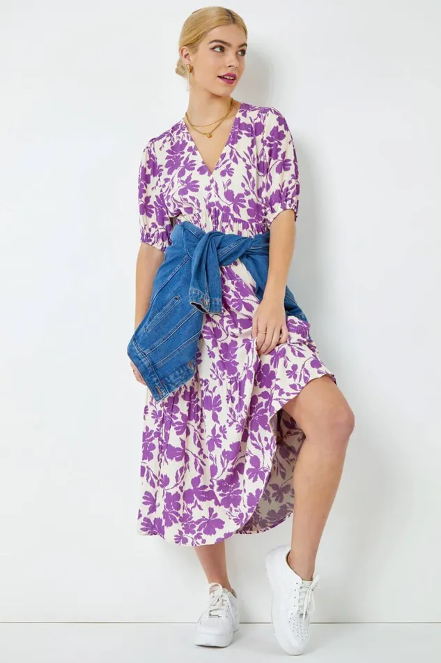 Women Lavender Floral Tiered Midi Smock Dress Roman Dresses