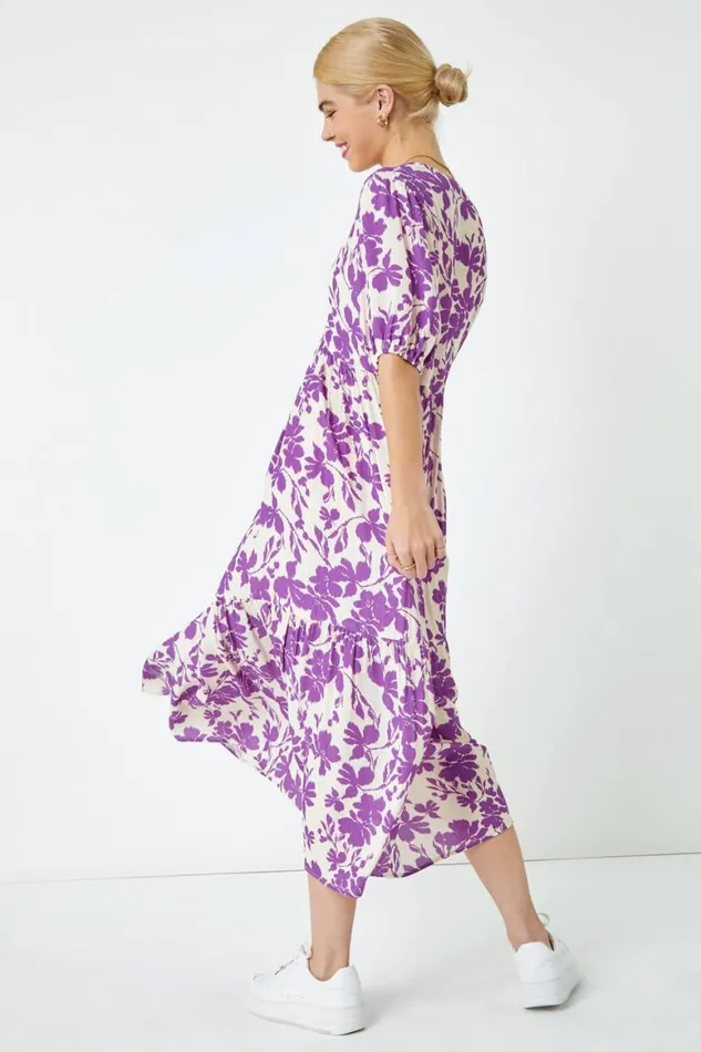 Women Lavender Floral Tiered Midi Smock Dress Roman Dresses