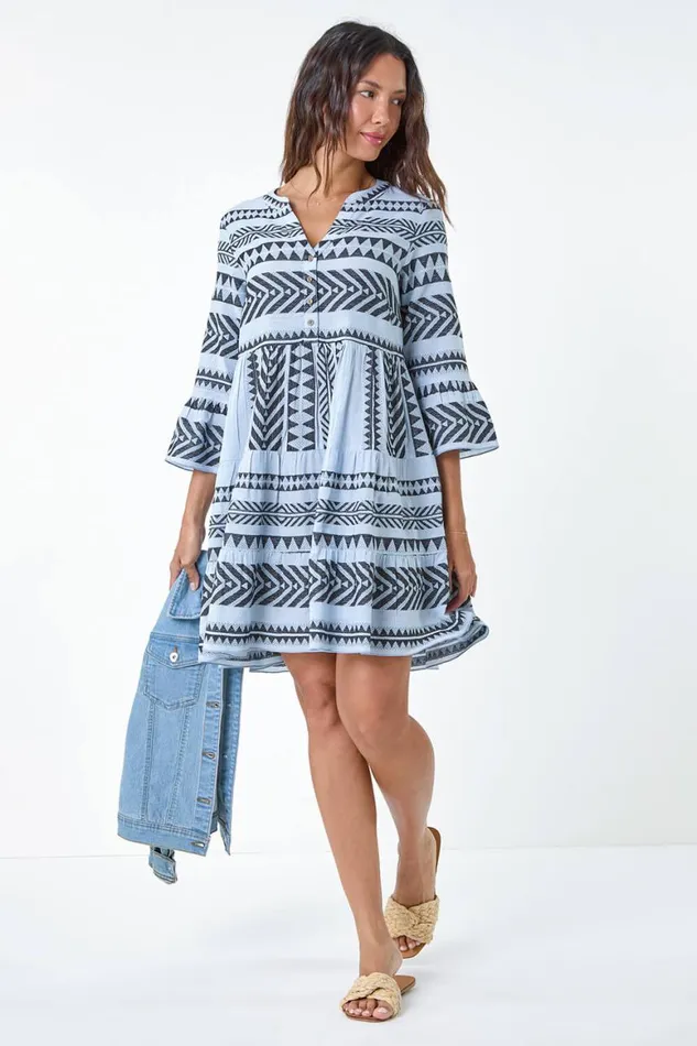 Women Light Blue Aztec Print Cotton Smock Dress Roman Dresses