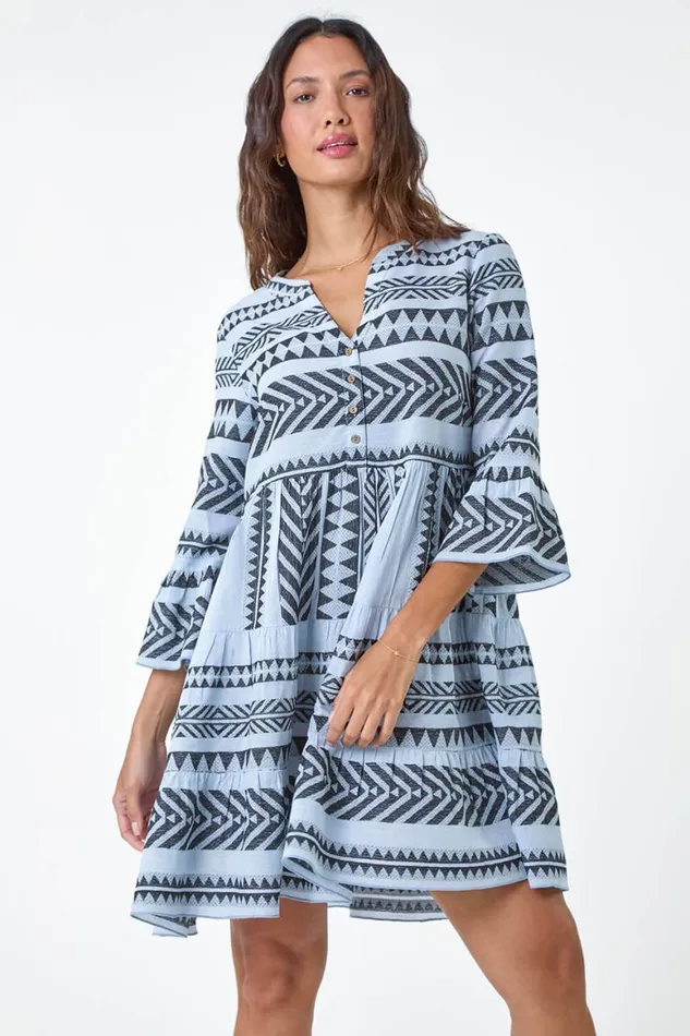 Women Light Blue Aztec Print Cotton Smock Dress Roman Dresses