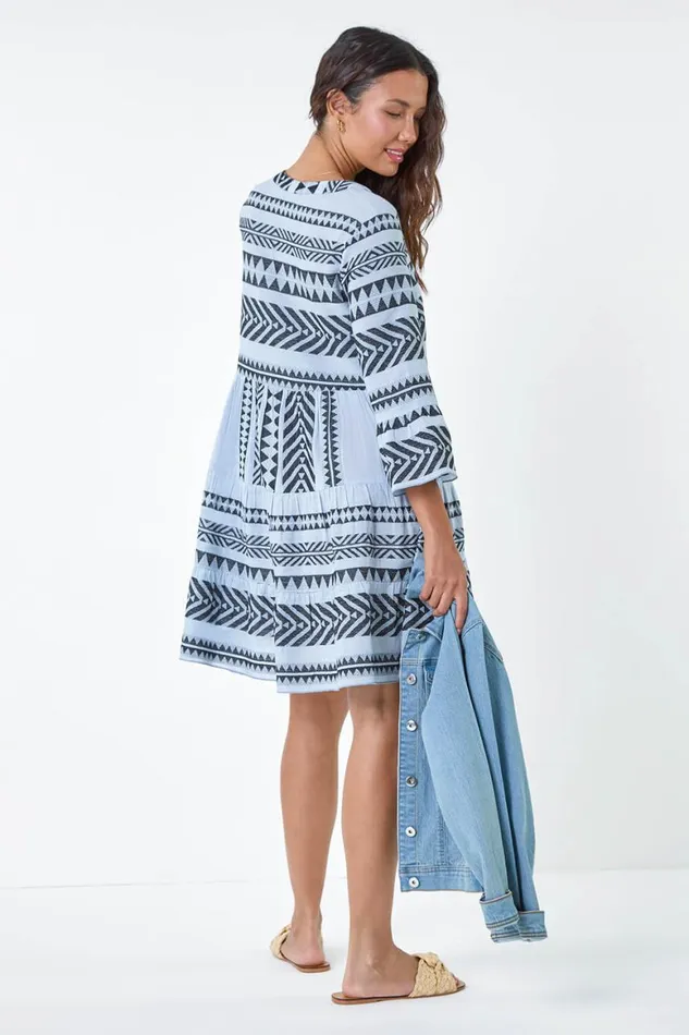 Women Light Blue Aztec Print Cotton Smock Dress Roman Dresses