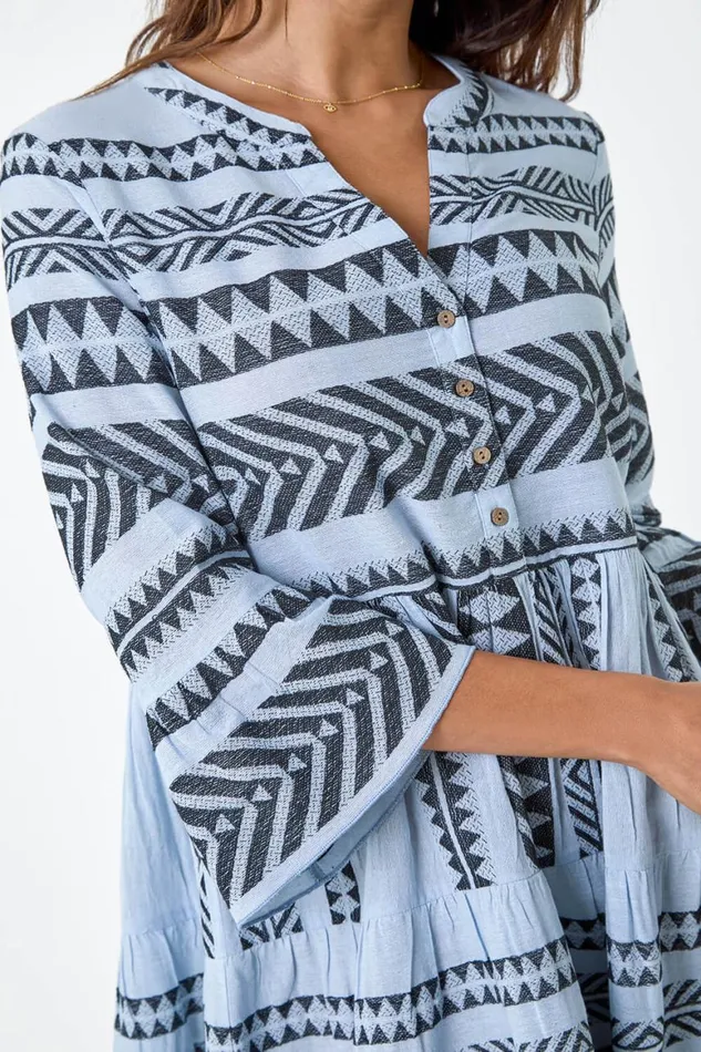 Women Light Blue Aztec Print Cotton Smock Dress Roman Dresses
