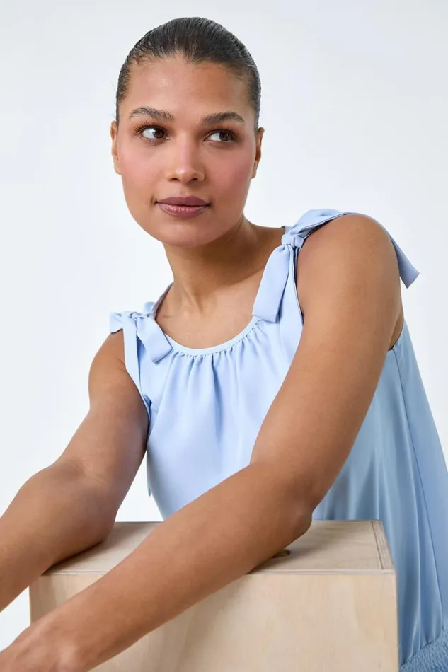 Women Light Blue Bow Detail Shirred Hem Top Roman Tops