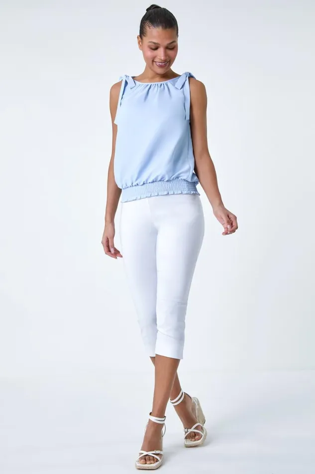 Women Light Blue Bow Detail Shirred Hem Top Roman Tops
