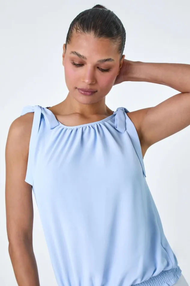 Women Light Blue Bow Detail Shirred Hem Top Roman Tops