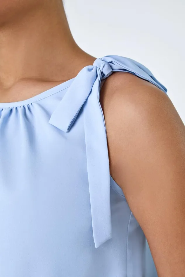 Women Light Blue Bow Detail Shirred Hem Top Roman Tops