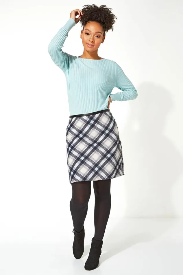 Women Light Blue Checked Short Skirt Roman Skirts