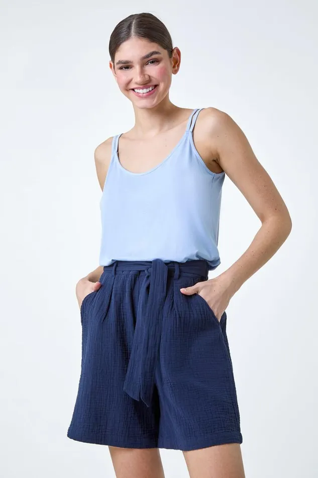 Women Light Blue Plain Double Strap VNeck Stretch Vest Top Roman Tops
