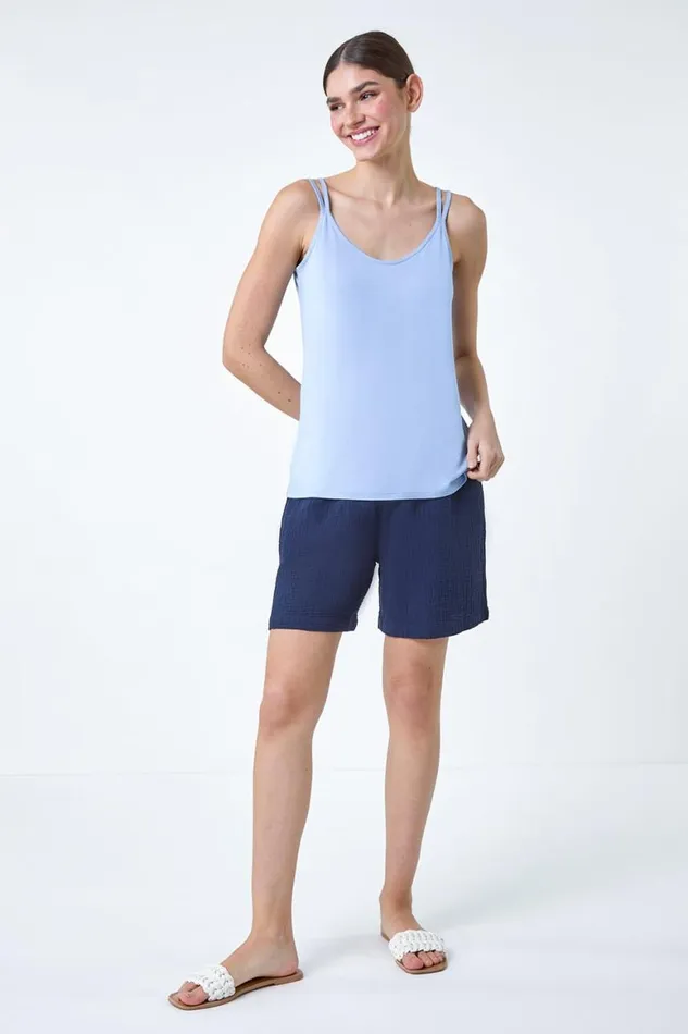 Women Light Blue Plain Double Strap VNeck Stretch Vest Top Roman Tops