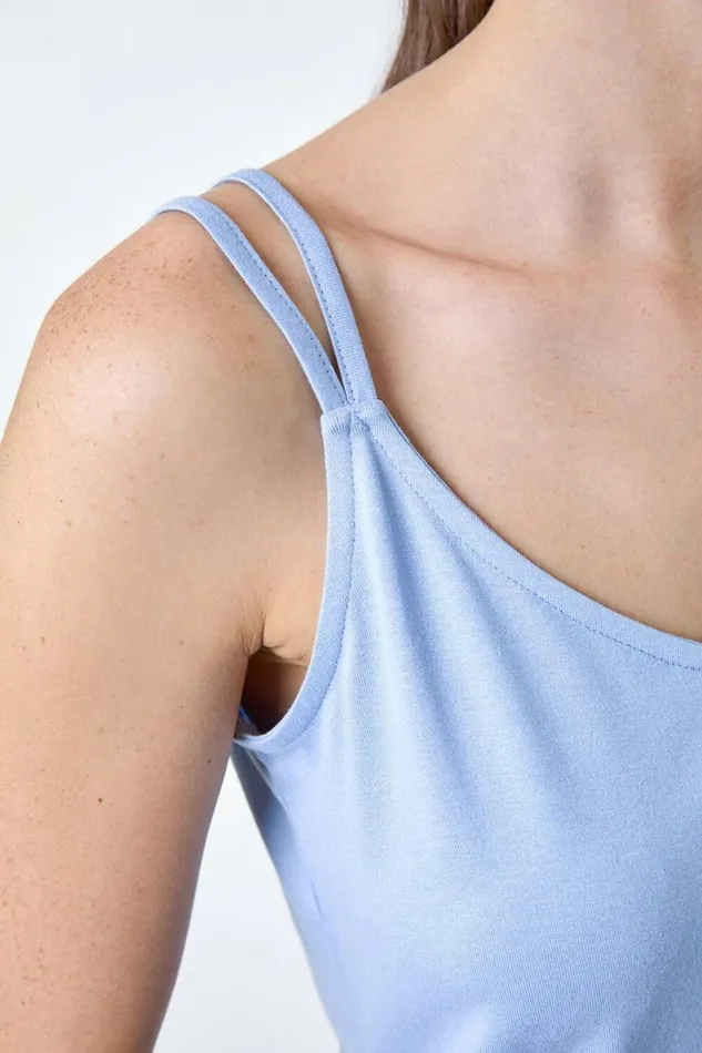 Women Light Blue Plain Double Strap VNeck Stretch Vest Top Roman Tops