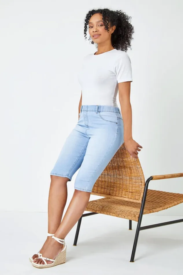 Women Light Denim Petite Bleached Denim Stretch Shorts Roman Shorts