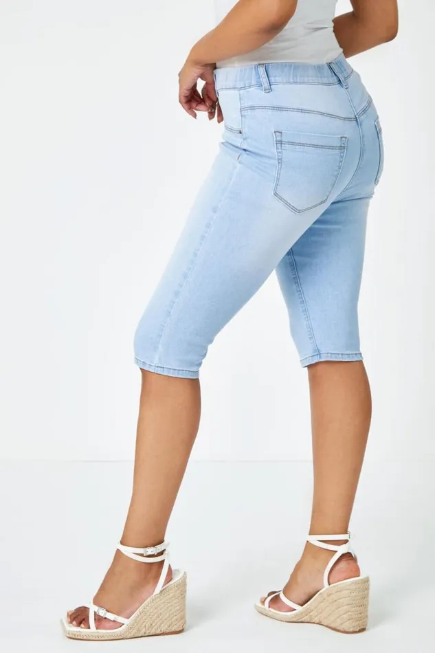 Women Light Denim Petite Bleached Denim Stretch Shorts Roman Shorts