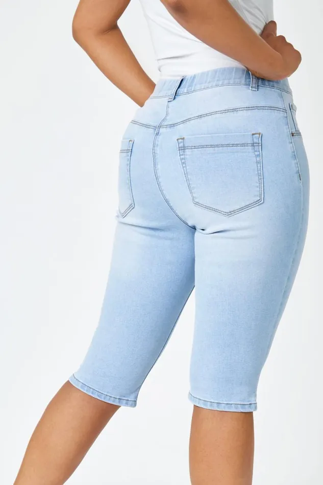 Women Light Denim Petite Bleached Denim Stretch Shorts Roman Shorts