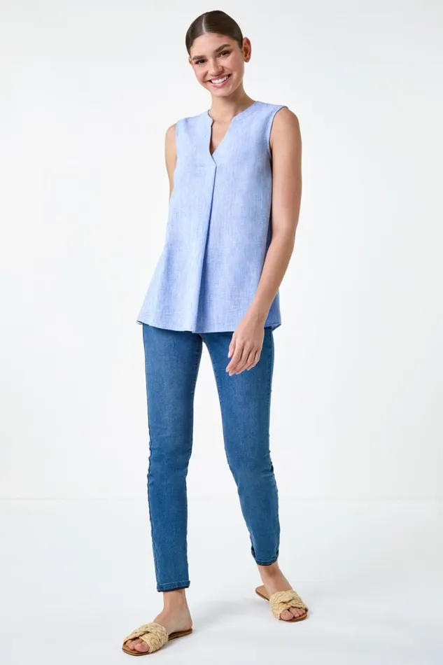 Women Light Denim Plain Sleeveless Vest Top Roman Tops