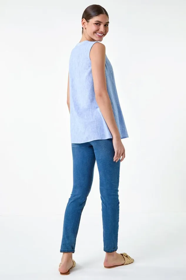 Women Light Denim Plain Sleeveless Vest Top Roman Tops