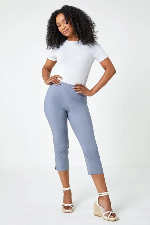 Women Light Grey Petite Elastic Waist Stretch Cropped Trouser Roman Trousers