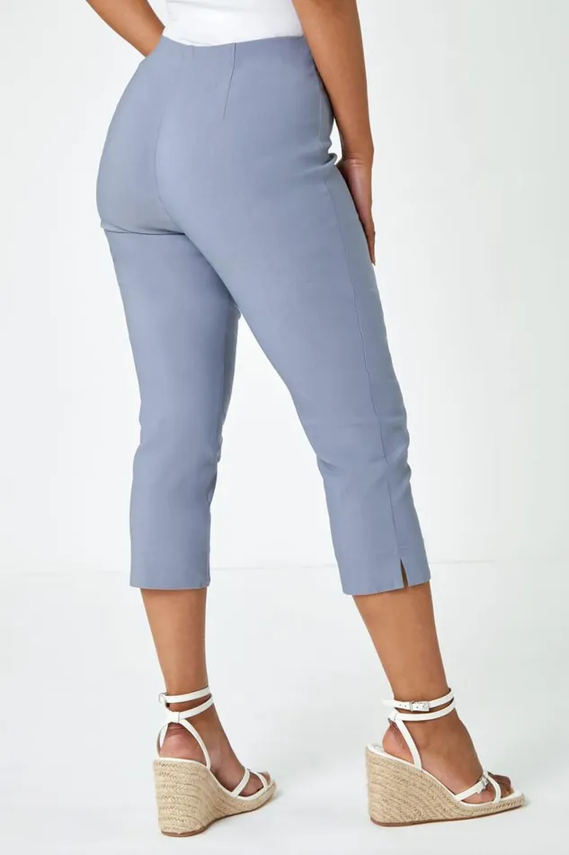 Women Light Grey Petite Elastic Waist Stretch Cropped Trouser Roman Trousers