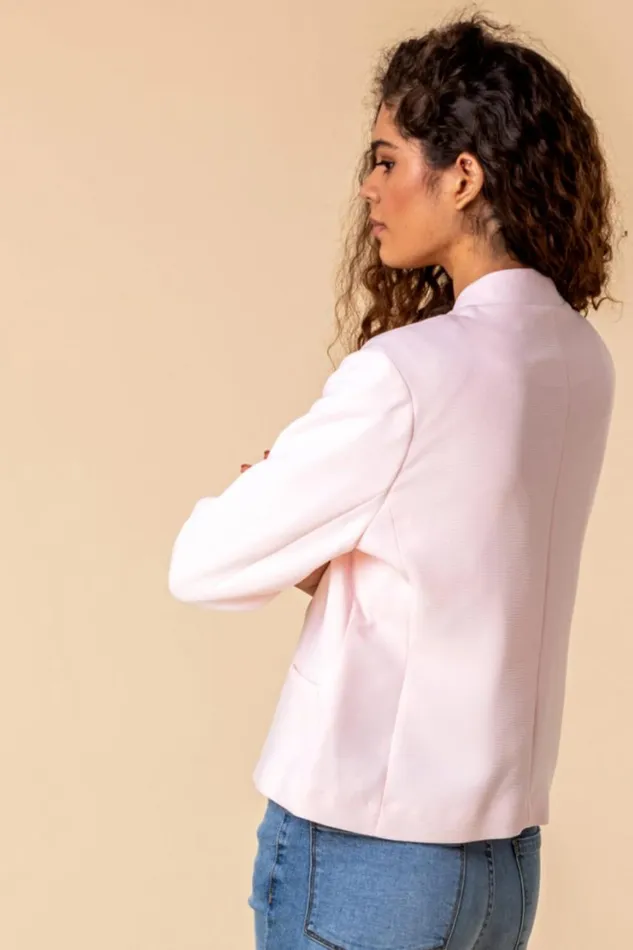 Women Light Pink 34 Sleeve Textured Notch Neck Jacket Roman Jackets