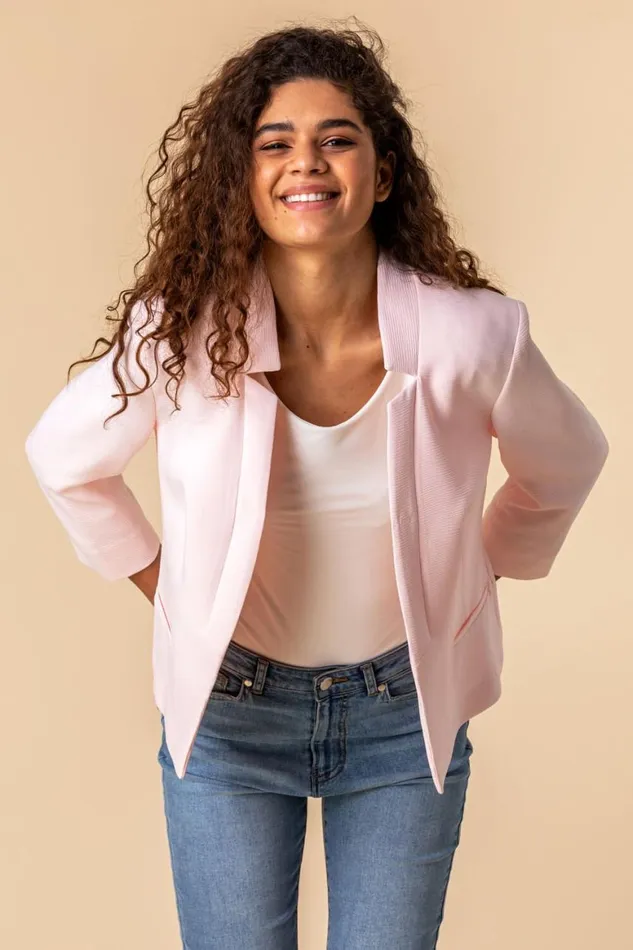 Women Light Pink 34 Sleeve Textured Notch Neck Jacket Roman Jackets