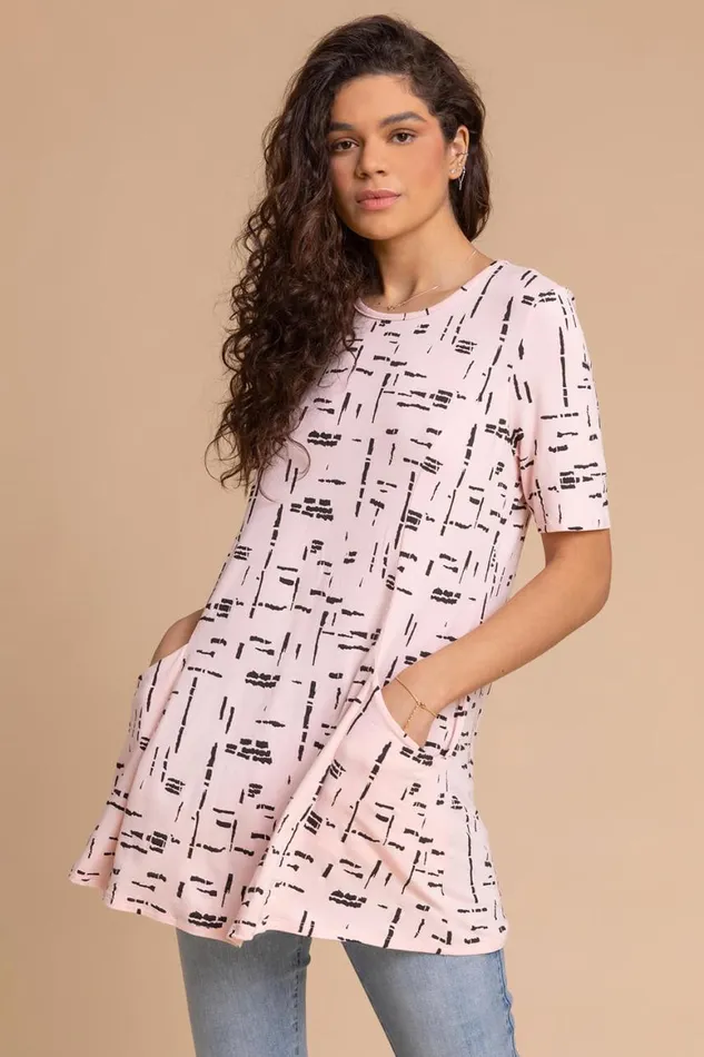 Women Light Pink Abstract Pocket Stretch Swing Top Roman Tops