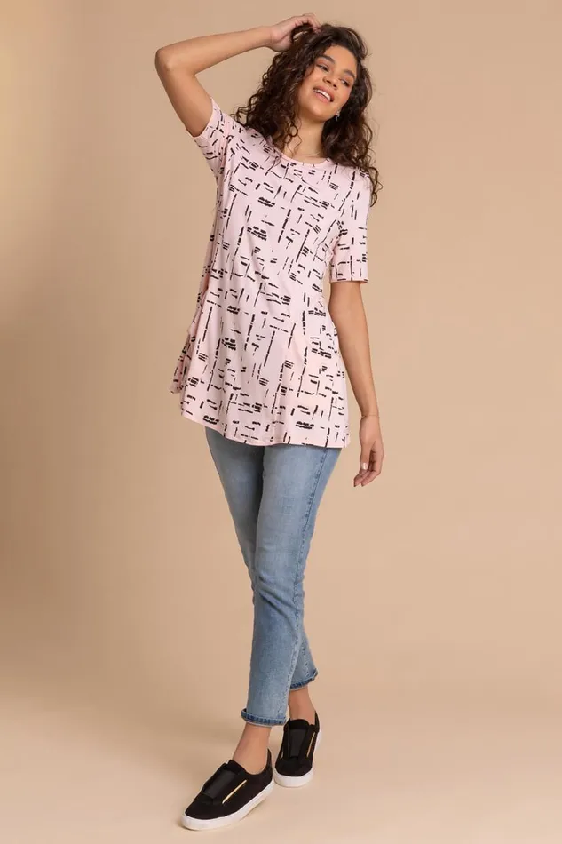 Women Light Pink Abstract Pocket Stretch Swing Top Roman Tops