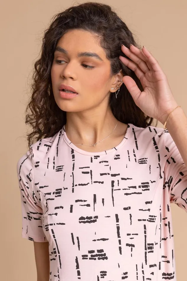 Women Light Pink Abstract Pocket Stretch Swing Top Roman Tops