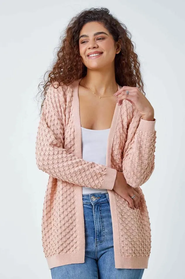 Women Light Pink Cotton Blend Waffle Knit Cardigan Roman Knitwear