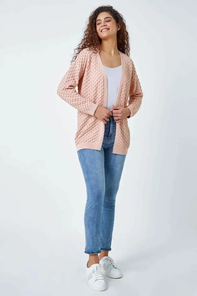 Women Light Pink Cotton Blend Waffle Knit Cardigan Roman Knitwear