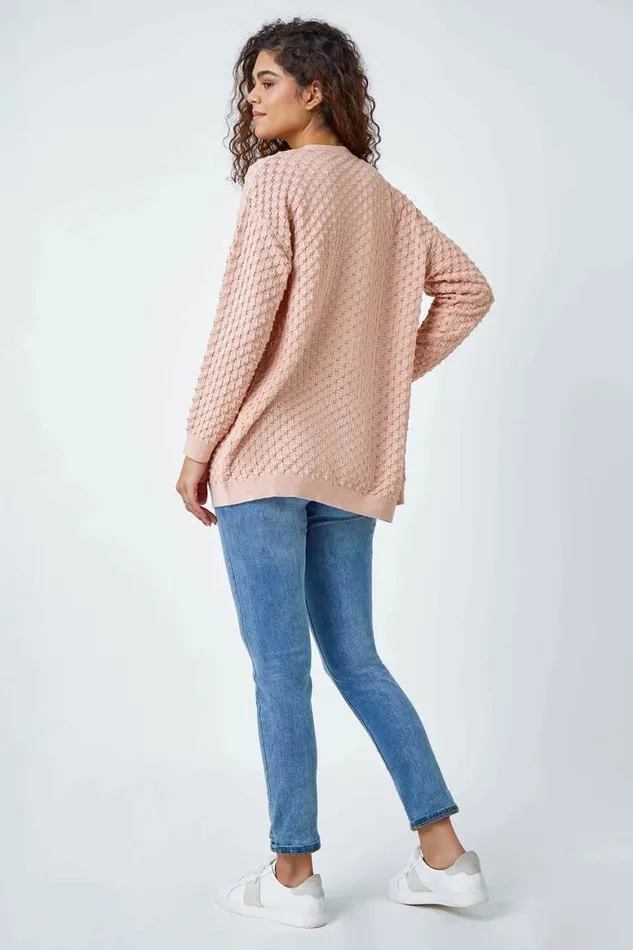 Women Light Pink Cotton Blend Waffle Knit Cardigan Roman Knitwear