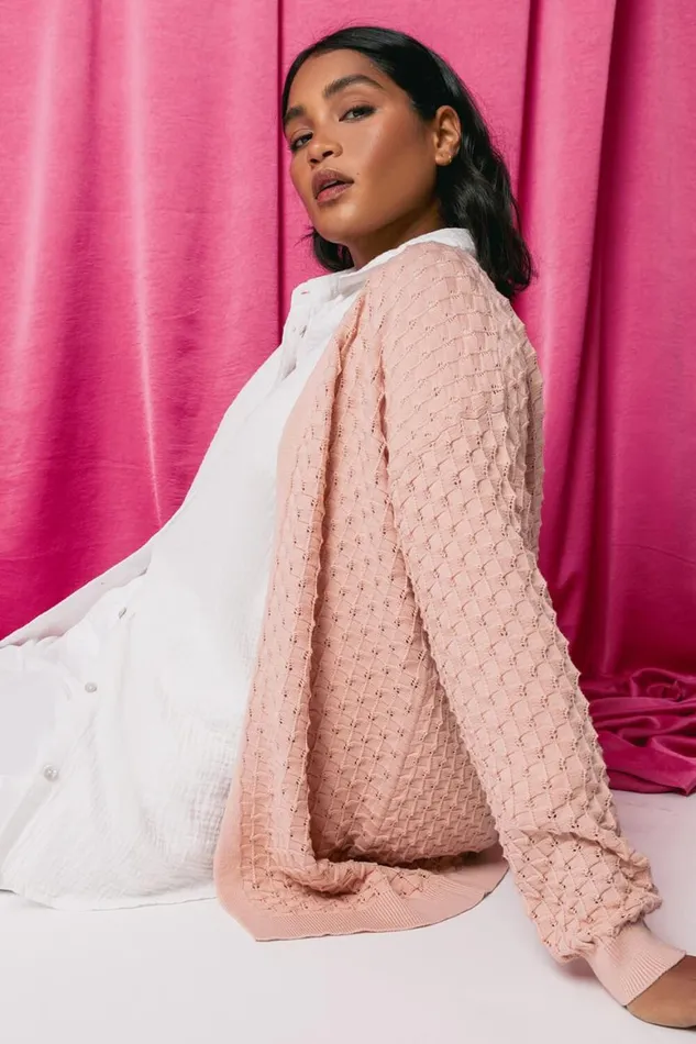 Women Light Pink Cotton Blend Waffle Knit Cardigan Roman Knitwear