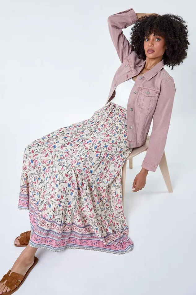 Women Light Pink Floral Border Shirred Multiway Skirt Dress Roman Skirts