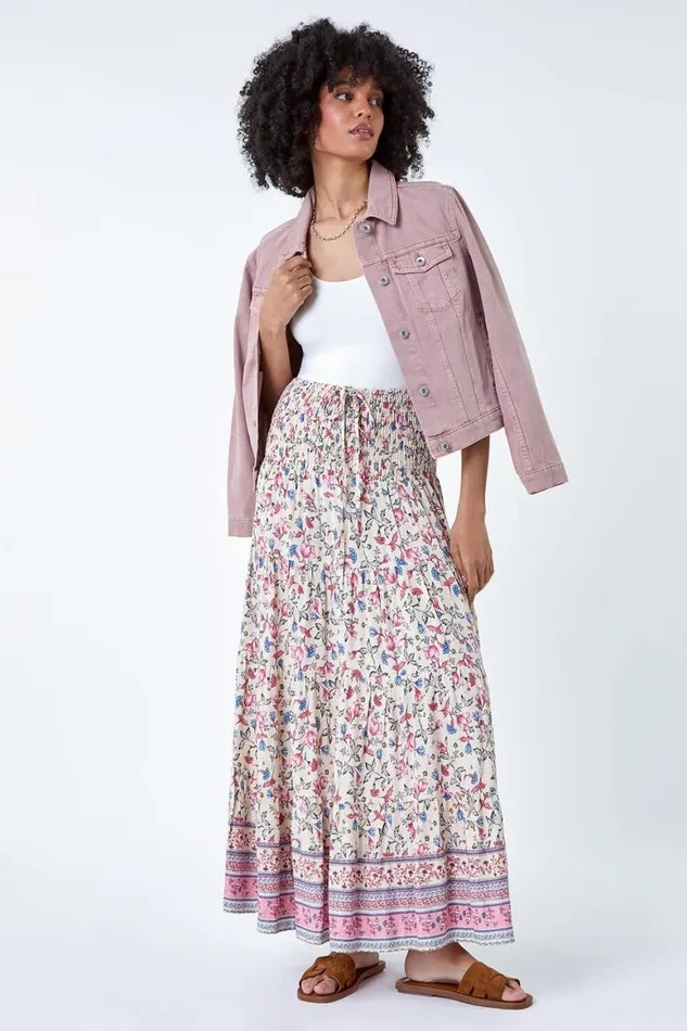 Women Light Pink Floral Border Shirred Multiway Skirt Dress Roman Skirts