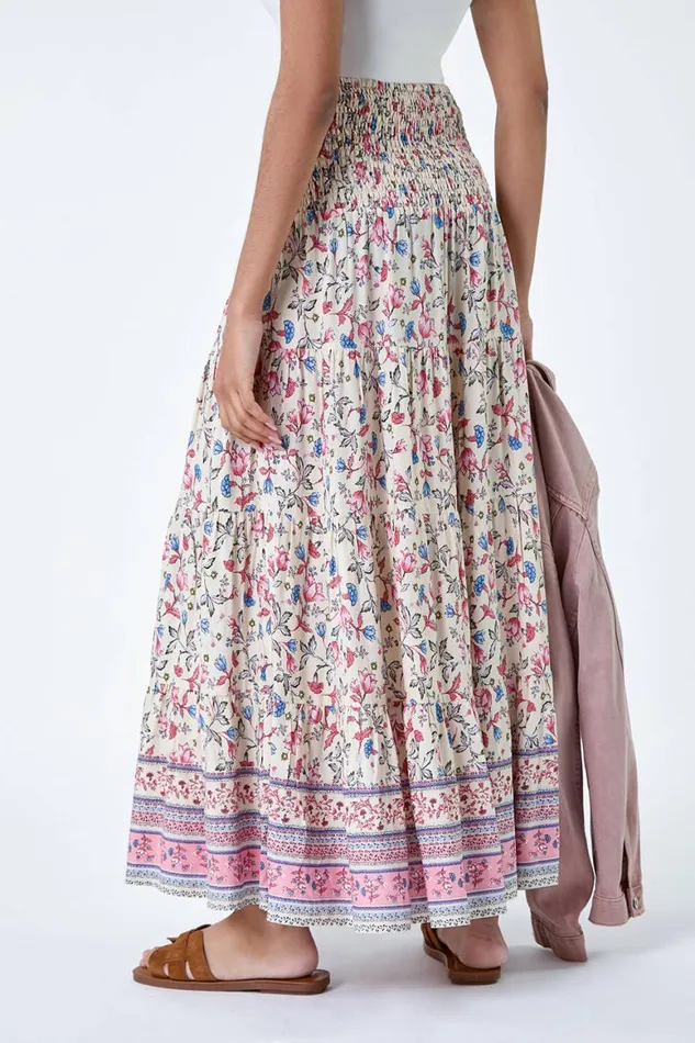 Women Light Pink Floral Border Shirred Multiway Skirt Dress Roman Skirts