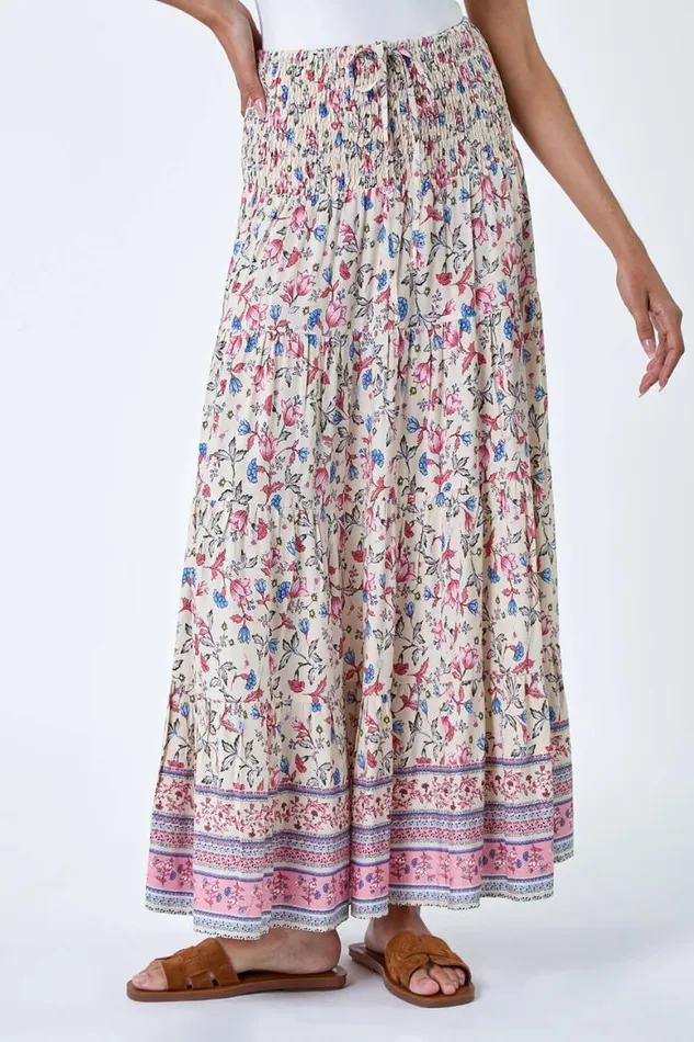 Women Light Pink Floral Border Shirred Multiway Skirt Dress Roman Skirts