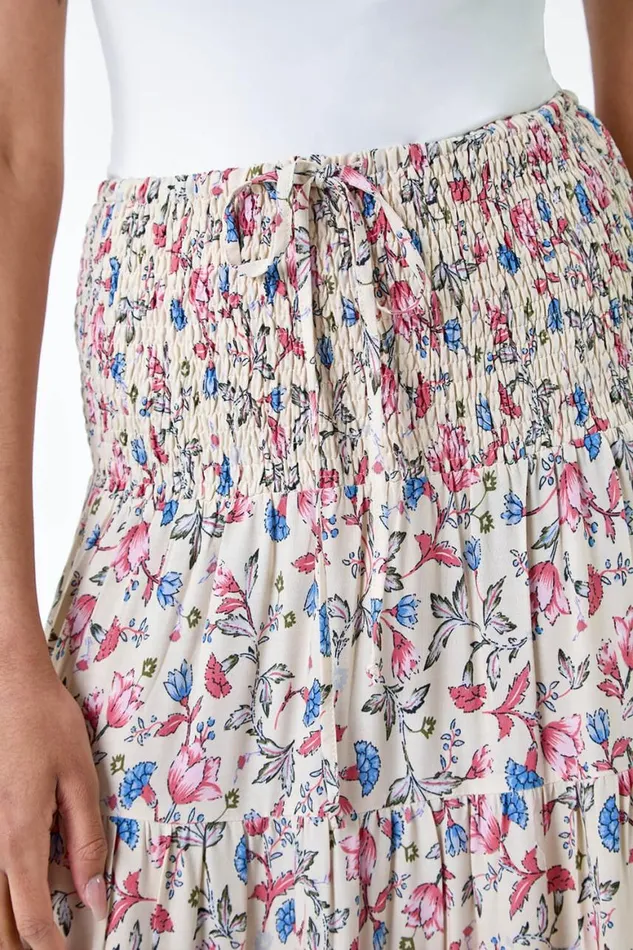 Women Light Pink Floral Border Shirred Multiway Skirt Dress Roman Skirts