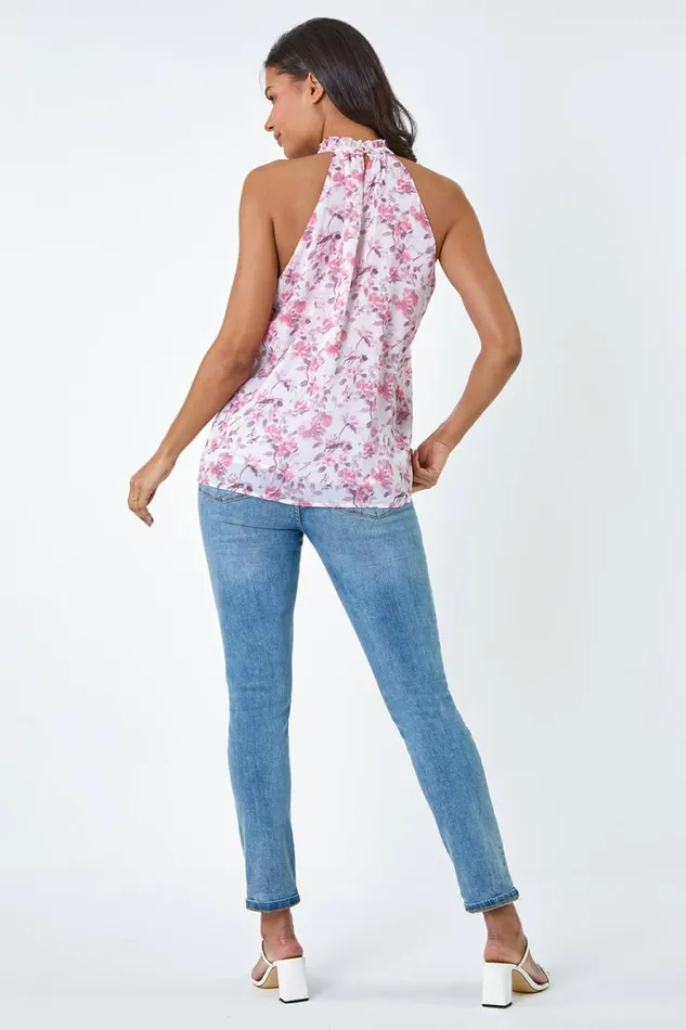 Women Light Pink Floral Print Halter Neck Frill Top Roman Tops