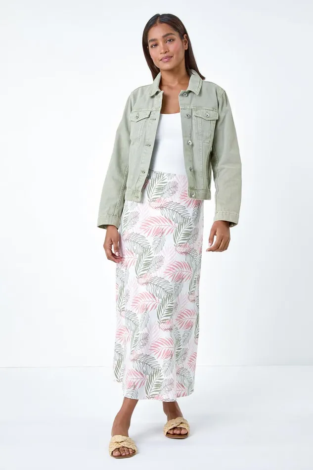 Women Light Pink Leaf Print Linen Blend ALine Skirt Roman Skirts