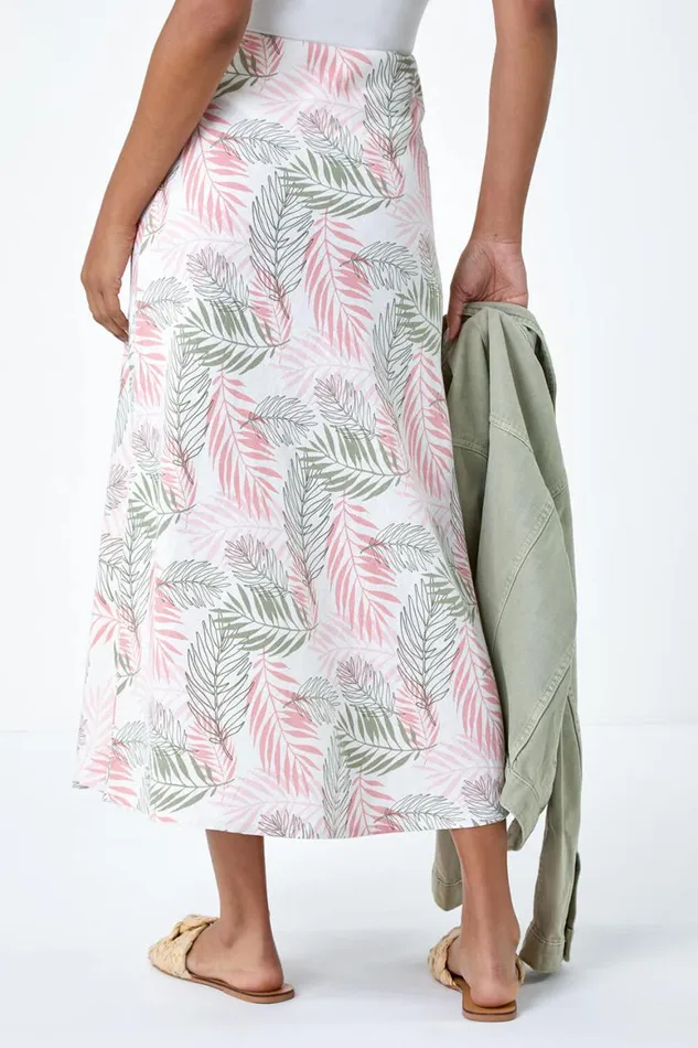 Women Light Pink Leaf Print Linen Blend ALine Skirt Roman Skirts