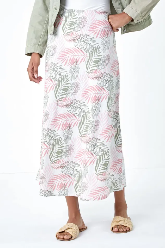Women Light Pink Leaf Print Linen Blend ALine Skirt Roman Skirts