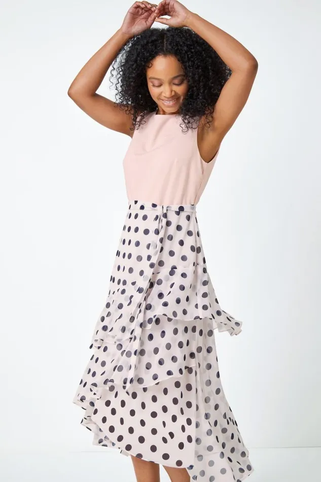 Women Light Pink Petite Sleeveless Polka Dot Chiffon Midi Dress Roman Dresses