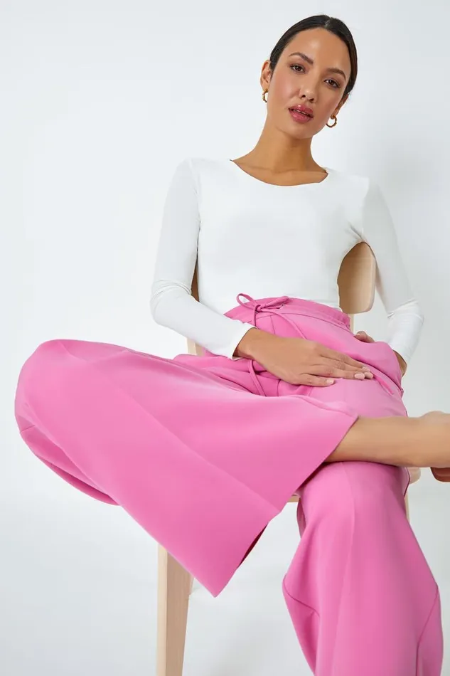 Women Light Pink Wide Leg Elastic Waist Tie Front Trouser Roman Trousers